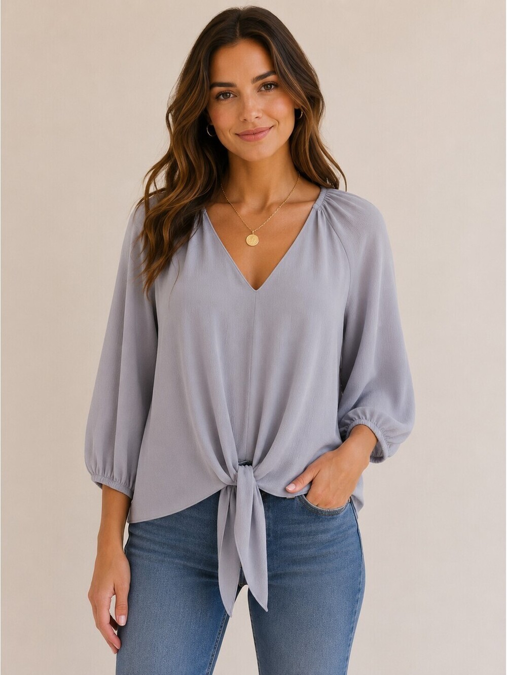 Tyche Gray Tie Front V Neck Blouse Women's Size M 3/4 Sleeve Lightweight Top